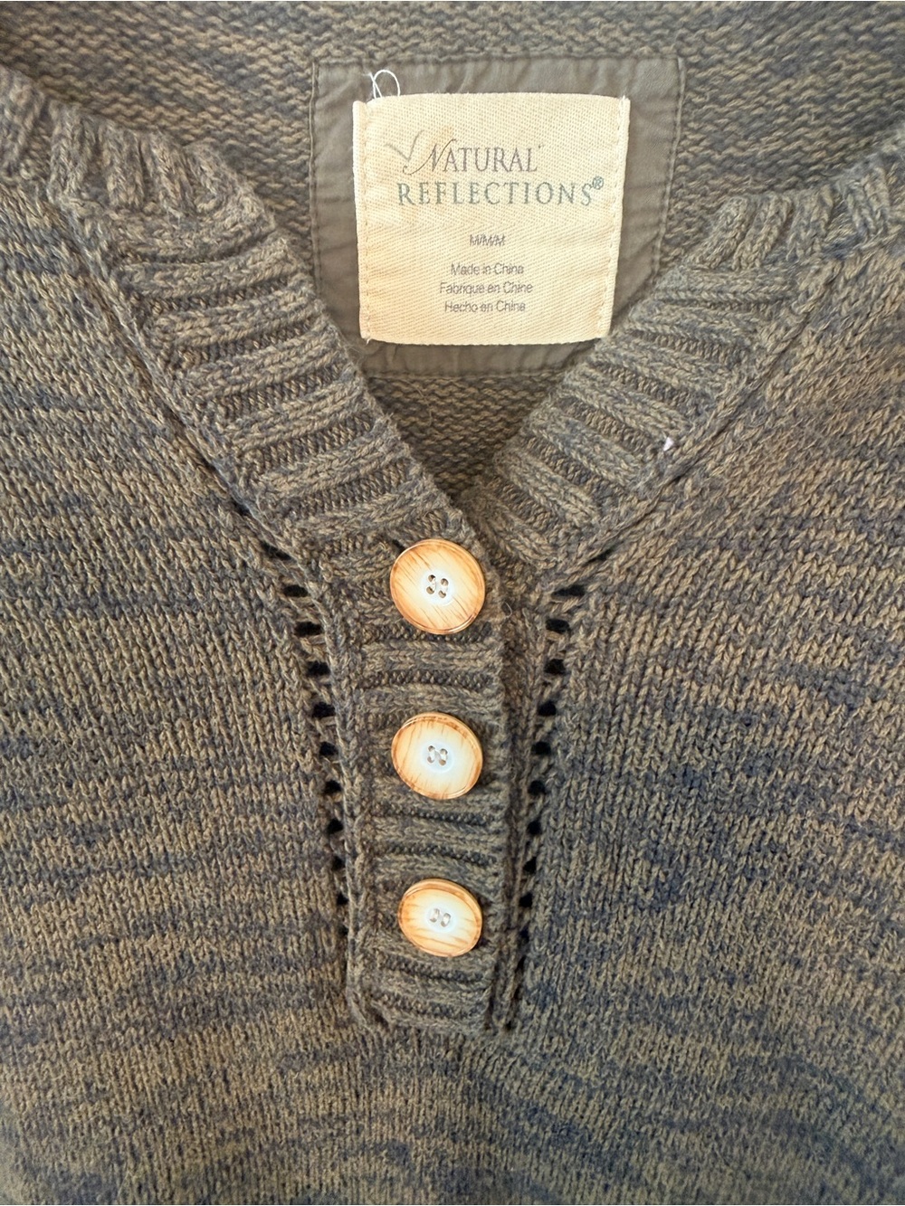 Brown & Gray Marled 100% Cotton Henley Sweater Pullover Boho Cottagecore Cozy - Picture 2 of 11
